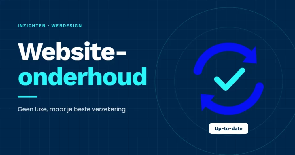 Illustratie: blauw update-icoon met twee pijlen en een vinkje, met het label "Up-to-date", naast de tekst "Website-onderhoud".
