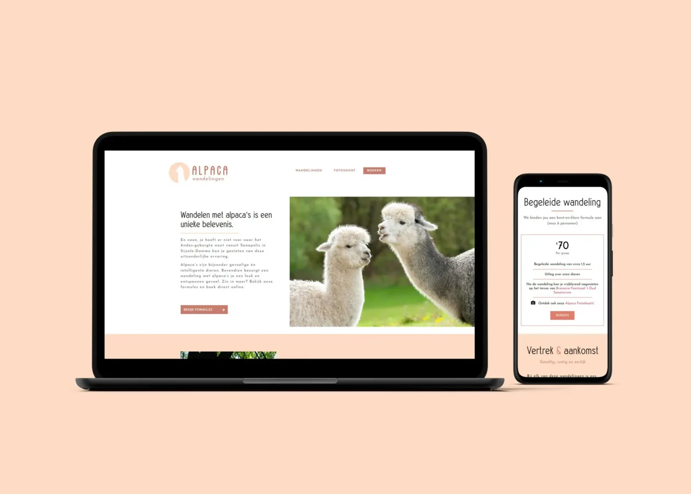 Een mockup van het nieuwe webdesign voor Alpaca Wandelingen