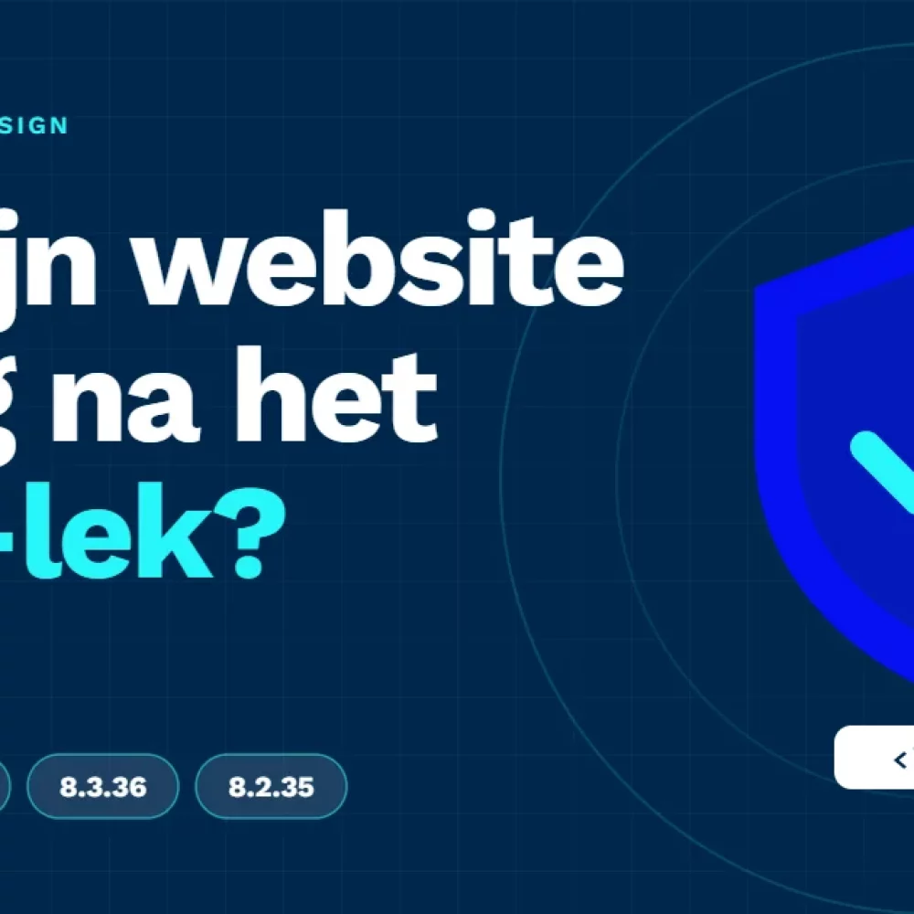 Illustratie: blauw schild met vinkje naast de vraag "Is mijn website veilig na het PHP-lek?" en de veilige PHP-versies 8.5.12, 8.4.27, 8.3.36 en 8.2.35.