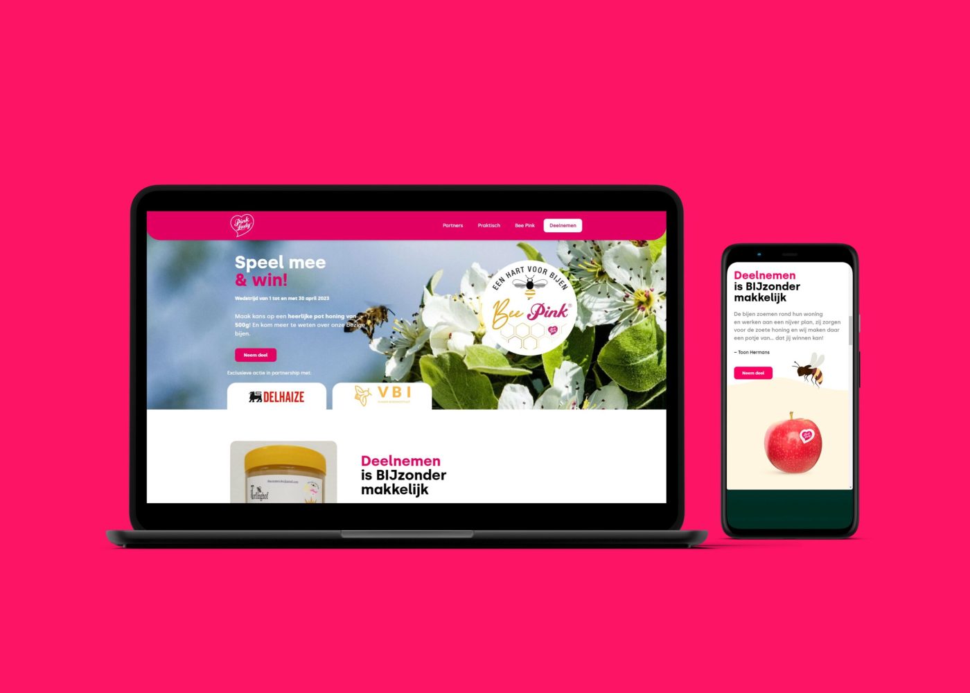 Een mockup van het nieuwe webdesign voor Pink Lady Bee Pink