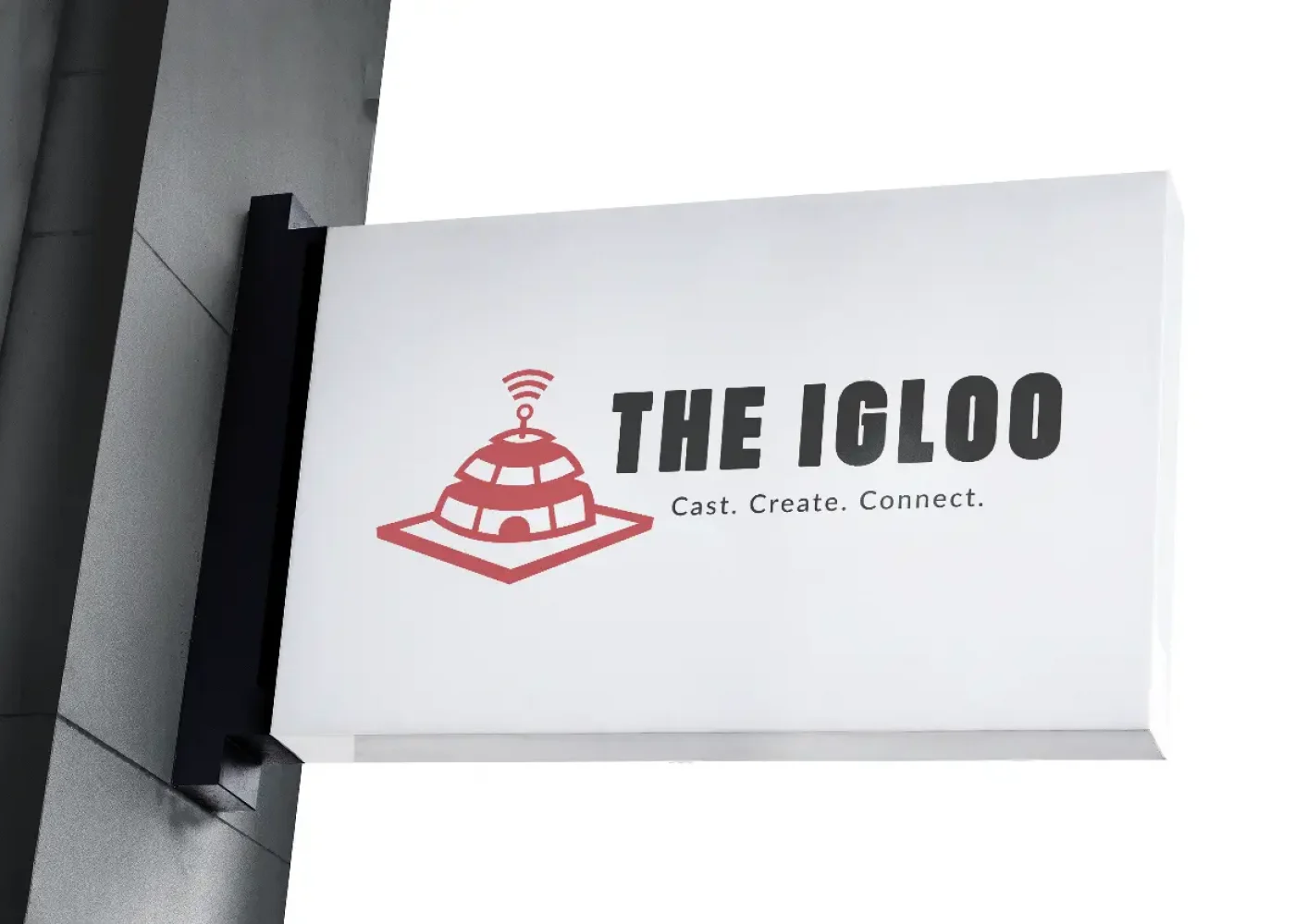 Een uithangbord met daarop het nieuwe logo design van The Igloo